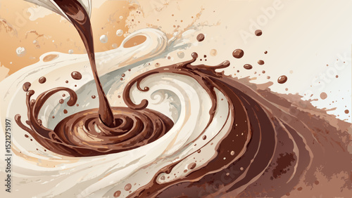 Vector. Decadent Watercolor Chocolate Swirl Background in Rich Browns & Creamy Whites – Indulgent & Appetizing with Copy Space.
