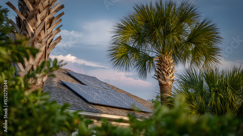 A beautiful residential roof adorned with solar panels collecting sunlight efficiently. Eco-friendly energy concept