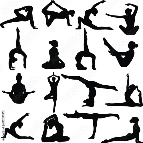 Yoga Silhouettes Meditation Poses Mindfulness, yoga black white icon set