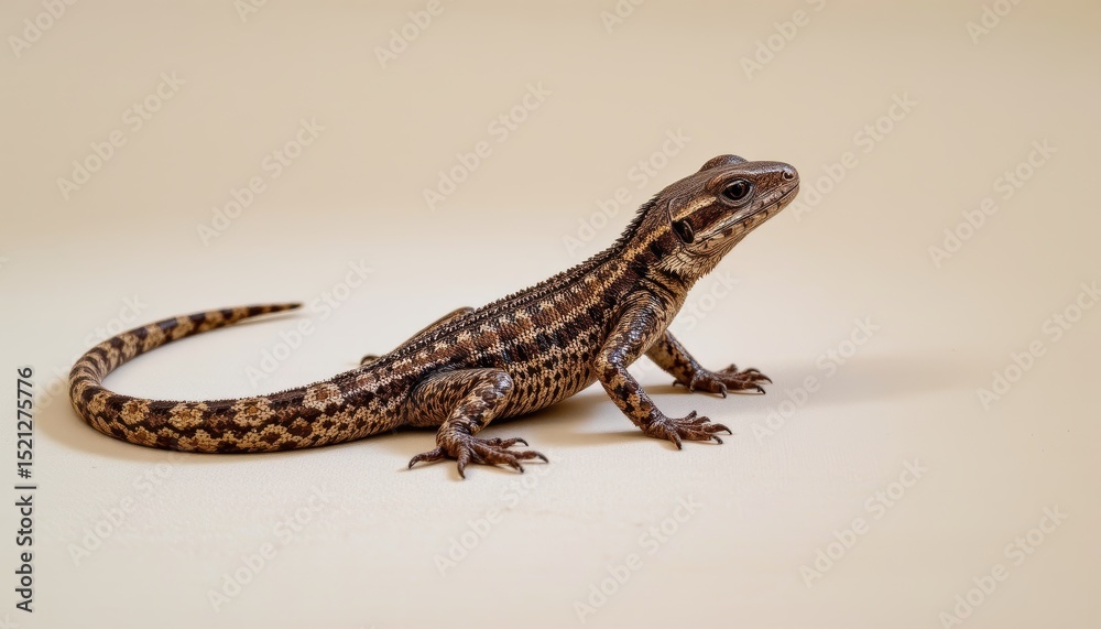 Fototapeta premium Detailed Portrait of a Brown Patterned Lizard Resting on a Light Background in Natural Habitat