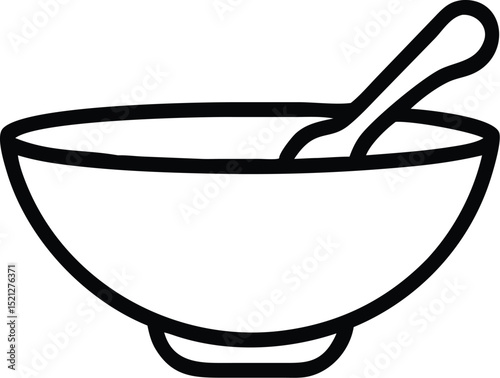 Bowl of soup vector illustration, food bowl with spoon drawing, kitchen utensil line art design