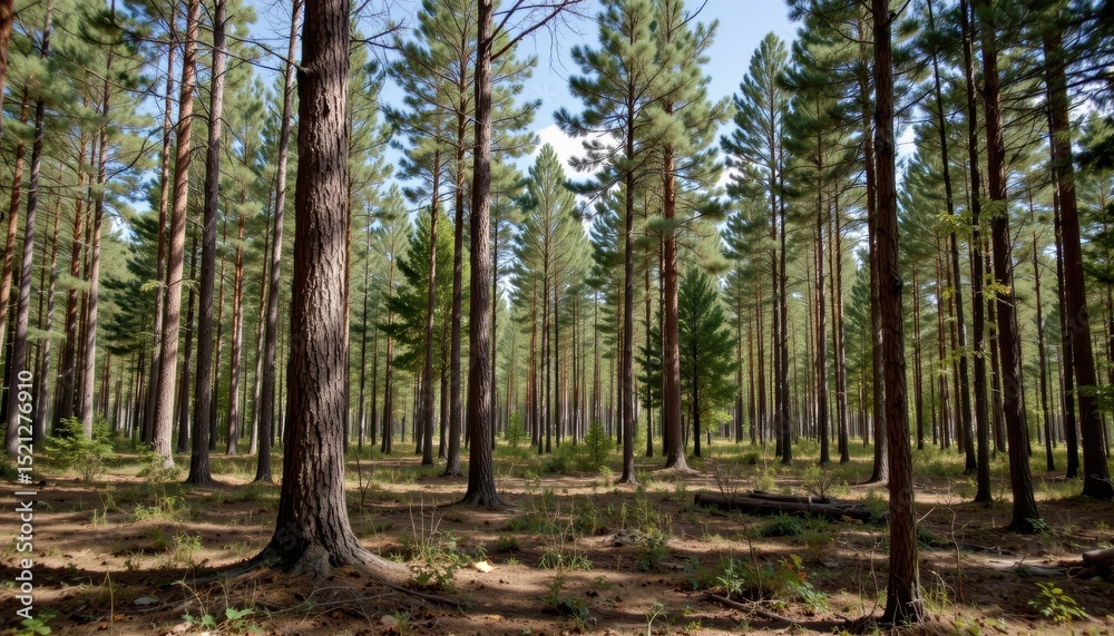 Fototapeta premium Lush Pine Forest Bathed in Sunlight Under Clear Blue Sky in Natural Outdoor Setting