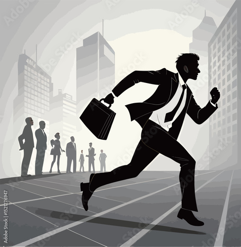 A determined businessman hurries through a cityscape, briefcase in hand.