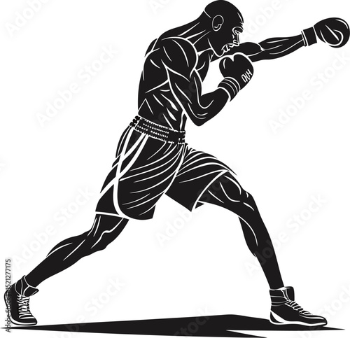 Dynamic male boxer delivering a powerful punch in a dramatic black and white design.