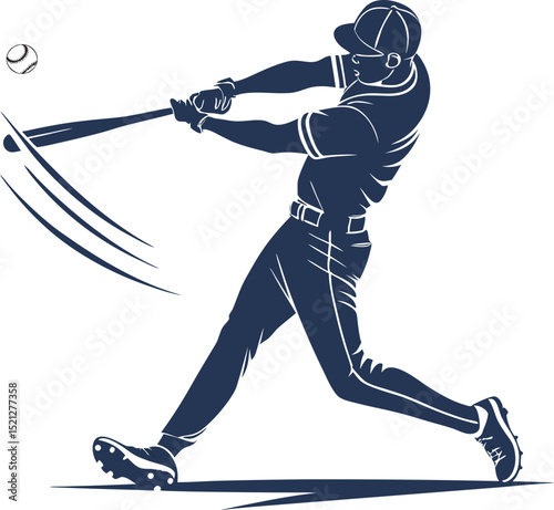 Stylized male baseball player hitting a ball with determination.
