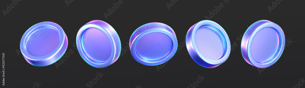 Fototapeta premium 3D holographic coin icon with purple neon effect, isolated on dark background. Iridescent chrome coin render, game token, casino chip, digital currency, or holo reward medal. 3D vector illustration