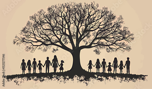 Silhouettes of diverse families holding hands beneath a majestic tree.