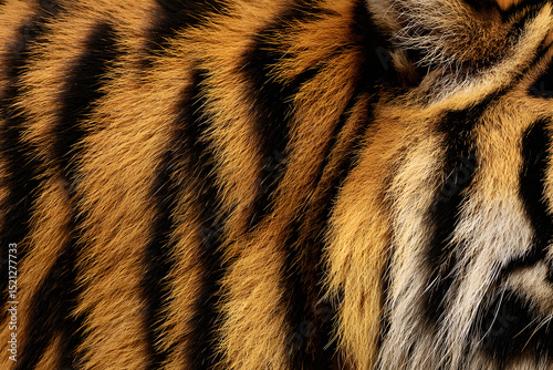 Striking pattern of a tiger's coat showcasing vivid orange and black stripes. Animal design concept