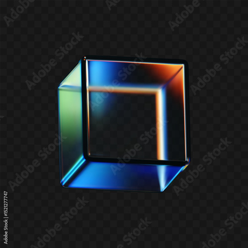 3D crystal glass cube with refraction and iridescent effects isolated on dark background. Render transparent rotating glass box with neon dispersion light and rainbow gradient. 3d vector figure