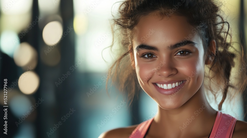 Obraz premium Smiling young woman in activewear exudes confidence and vitality.