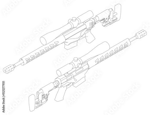 Two guns are shown in a black and white drawing. The guns are of the same type and are positioned side by side. Concept of uniformity and precision, as the two guns are identical