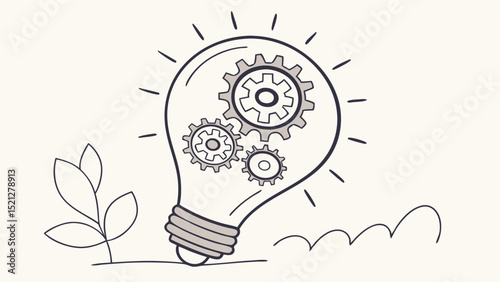 A lightbulb with gears inside and plant growing next to it in a simple hand drawn style design idea