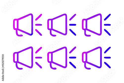 Repeating Megaphone Icons in Violet Two rows simple outlined megaphone icons shades violet with radiating lines megaphone icon icons audio sound speaker announcement communication loudspeaker