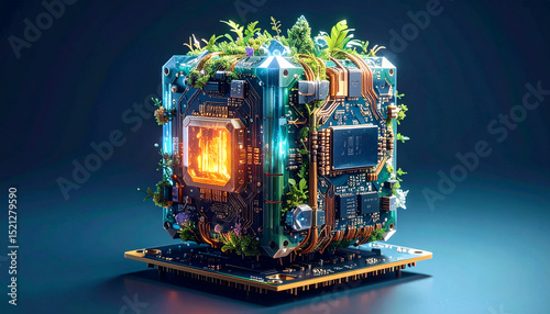 Energy efficient computing technology with futuristic circuit board and glowing core surrounded by green plants and wires