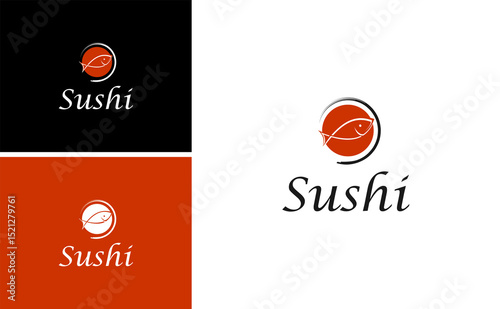 Japanese Sushi Logo Design with Traditional Asian Food Elements Including Fish Rice Chopsticks and Seafood Vector Emblem for Eatery Menu Concept in Simple Red Icon Style
