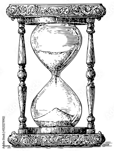 Intricate linocut vector illustration of an antique hourglass.  Perfect for vintage, time, and ephemera designs.  High-resolution, black and white image.