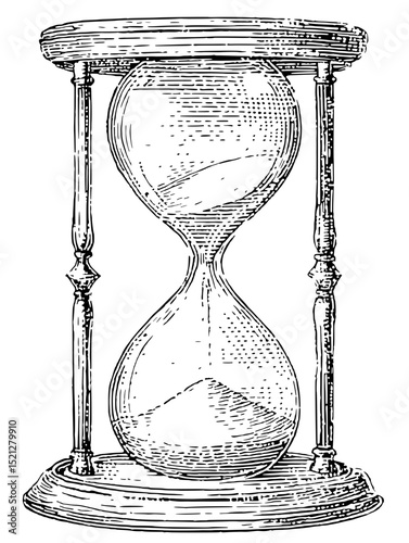 Engraved hourglass illustration, detailed wood frame, monochrome.  Perfect for vintage, time, or ephemera designs. High-resolution, clean design.