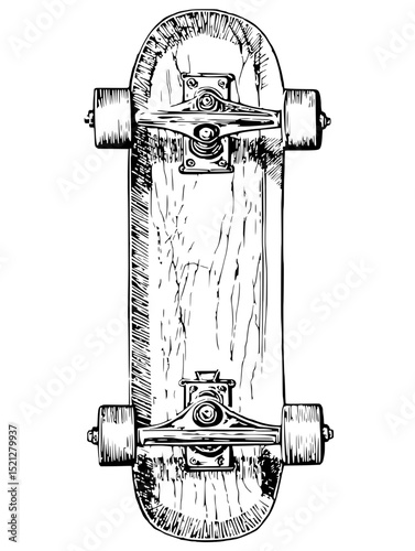 Hand-drawn vector illustration of a classic wooden skateboard. Top view, black and white, detailed texture. Ideal for print, web, or apparel design.