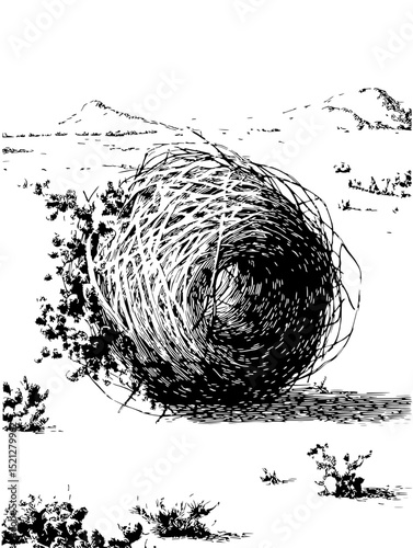Intricate linocut of a tumbleweed nest in a desert landscape.  Black and white illustration, perfect for nature, travel, or environmental projects. High detail, evocative mood.