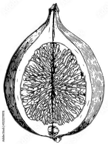 Intricate linocut vector illustration of a halved fig, showcasing its detailed seed structure.  Black and white, high contrast, perfect for culinary or botanical projects.