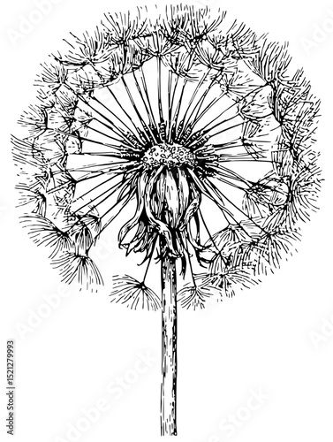 Intricate line art dandelion seed head.  Perfect for botanical prints, cards, or nature-themed designs. Black and white, isolated.