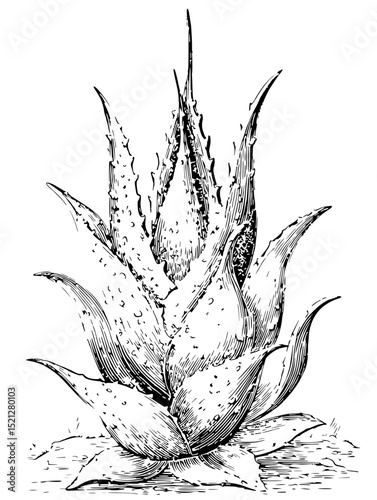 Detailed vintage vector illustration of an aloe vera plant.  Black and white line art with stippling texture. Ideal for botanical prints, skincare branding, or natural product design.