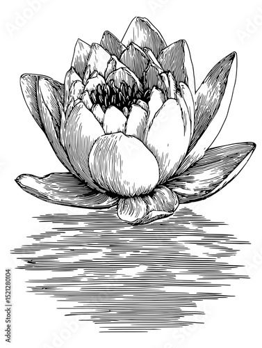 Intricate linocut vector illustration of a water lily, showcasing detailed petals and a central pod.  Perfect for botanical prints, spa branding, or nature-themed designs.