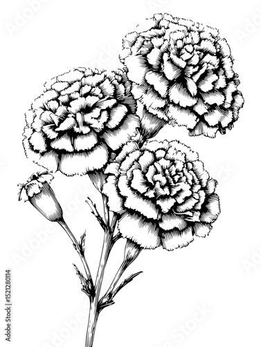 Intricate black and white linocut vector illustration of marigolds. Perfect for vintage, botanical, or floral designs. Ideal for greeting cards, invitations, or home decor.