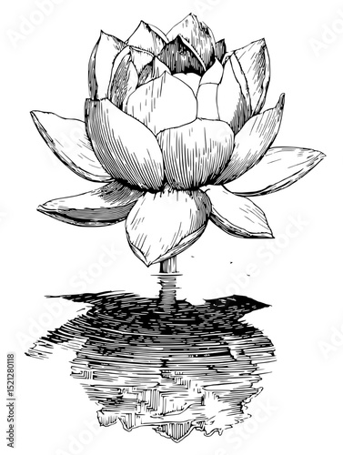 Intricate linocut vector illustration of a lotus flower, reflecting in calm water. Perfect for spa, nature, or botanical designs. Monochrome elegance.