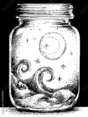 Intricate linocut vector illustration of a jar holding a dreamy galaxy.  Perfect for fantasy, space, or dream-themed designs. Isolated, high-resolution.