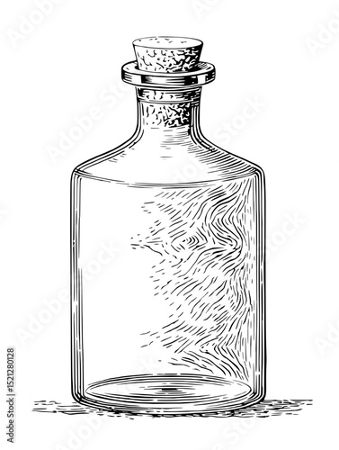Vintage-style glass bottle with cork, detailed line art. Perfect for labels, packaging, or vintage designs.  Clean, elegant aesthetic.