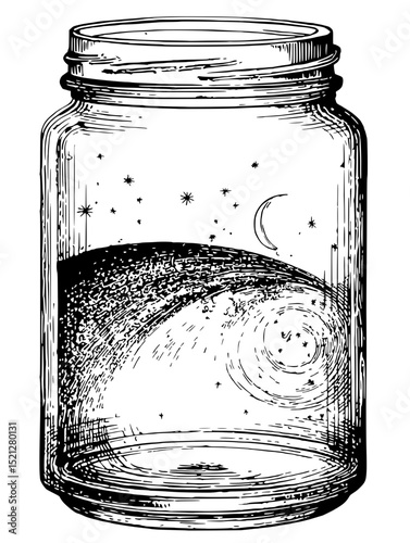 Intricate linocut vector illustration of a mason jar holding a miniature galaxy.  Perfect for fantasy, space, or celestial designs.