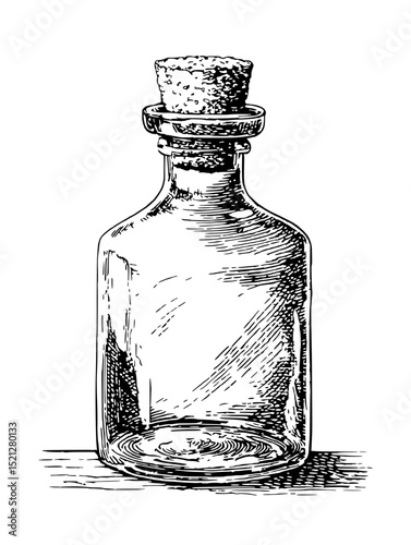 Hand-drawn vector illustration of an antique apothecary bottle with a cork stopper.  Perfect for vintage, medicinal, or cosmetic designs.  High-quality vector art.