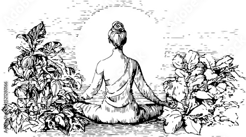 Black and white linocut vector illustration of a woman meditating in lotus pose, surrounded by plants.  Perfect for wellness, mindfulness, and yoga-related projects.