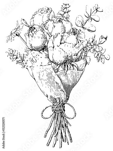 Intricate line art bouquet featuring peonies, daisies, and eucalyptus. Perfect for wedding stationery, greeting cards, or home decor. Black and white, vintage style.