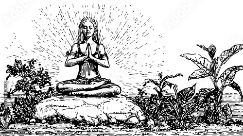 A woman meditates in a serene yoga pose.  Black and white linocut style. Ideal for wellness, spirituality, and mindfulness themes.