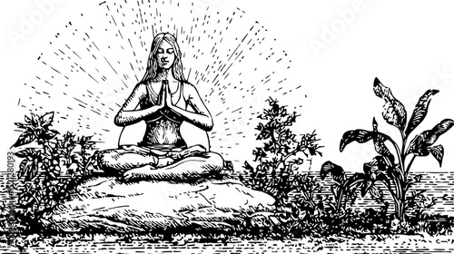 Woman meditates in lotus pose at sunrise.  Linocut style illustration, peaceful and mindful. Perfect for wellness, yoga, mindfulness concepts.