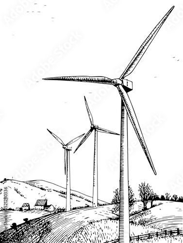 Vintage-style linocut of wind turbines on a hillside.  Clean energy, eco-friendly theme. Ideal for environmental campaigns.