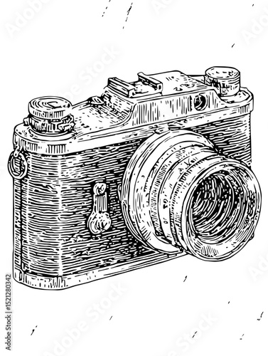 Detailed linocut vector illustration of a vintage 35mm camera.  Perfect for retro design projects, photography blogs, or vintage-themed publications. Isolated on white background.