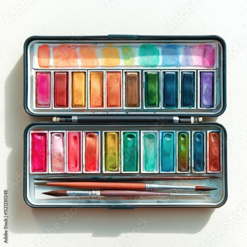 Portable watercolor set isolated on clean white background