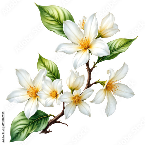 White Blossom Branch with Green Leaves on Transparent Background