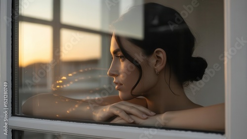 Beautiful Woman Relaxing by Window with Soft Warm Light, Emotional Portrait
