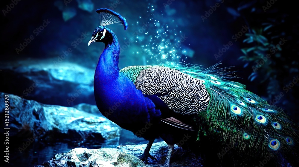 Fototapeta premium Majestic peacock, night scene, fantasy, rocks, water, poster
