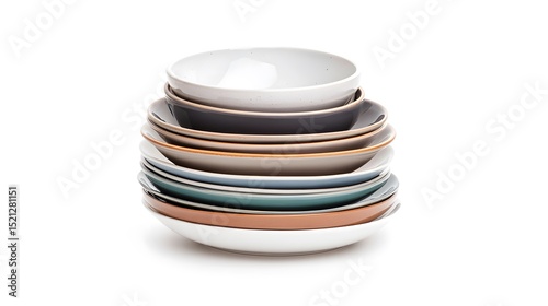 Stack of ceramic plates and bowls for kitchenware and dining table decor on a white background image stock photo