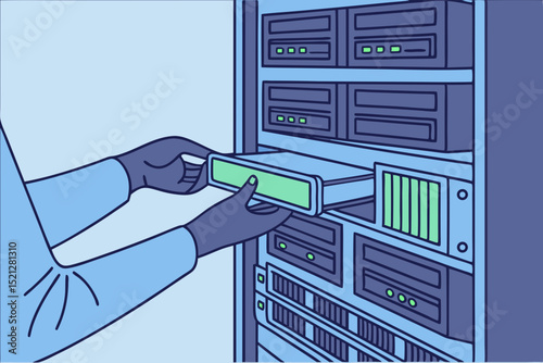 Technician hands installing hard drive into data center server rack
