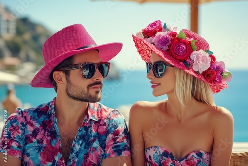 Eccentric tourist couple in matching pink outfits and hats share seaside cafe moment, radiating charm and playful energy