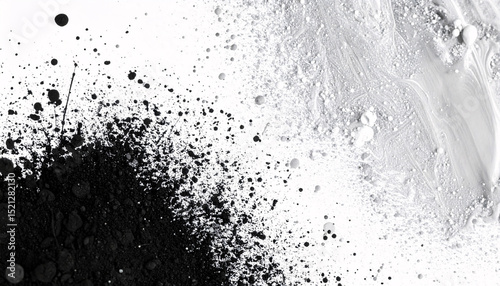 Black and White Ink Splatter: Abstract art featuring a dynamic contrast of black ink splatters against a stark white backdrop, creating a dramatic and visually striking image. 