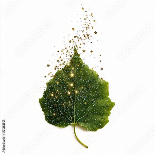 a green leaf shimmering with dew as droplets lift and become stars in motion isolated on white background