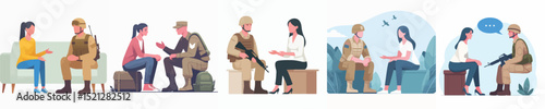 vector woman talking to soldier