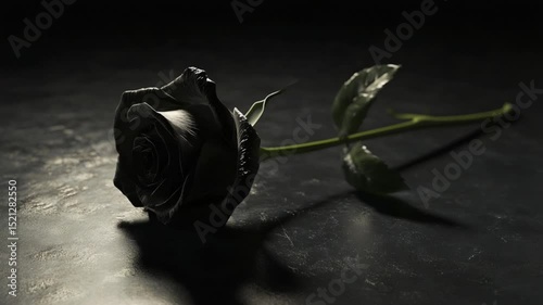 A solitary black rose lies on a dark surface, symbolizing beauty and mystery in a serene setting
